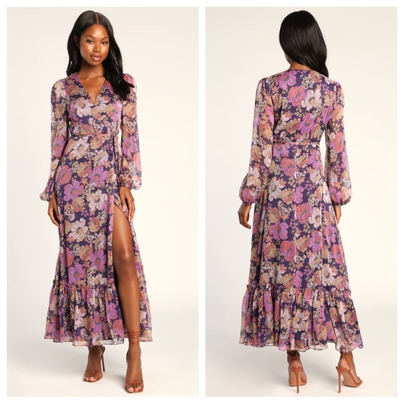 NWOT Lulus Feeling Sweet Purple Floral Print Long Sleeve Wrap Maxi Dress - Picture 10 of 12